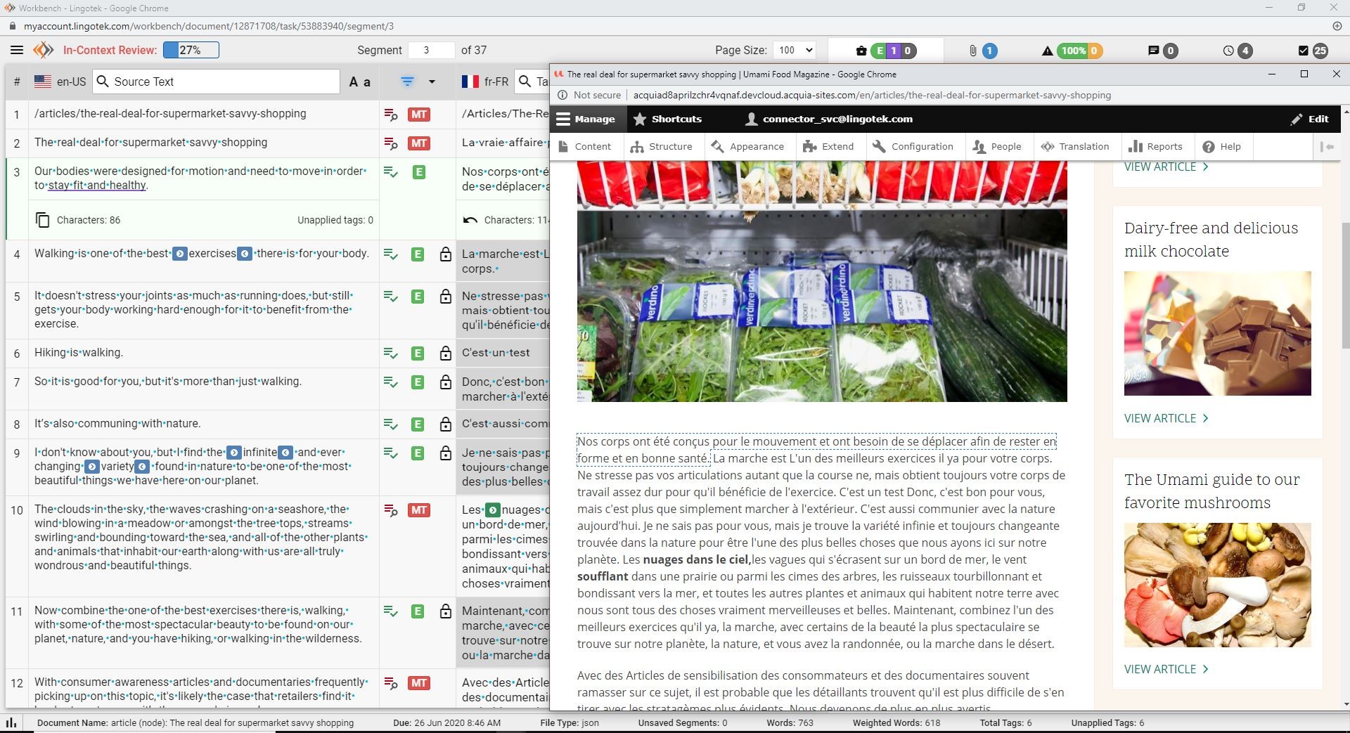 dual-monitor screenshot of Lingotek's in-context translation editor