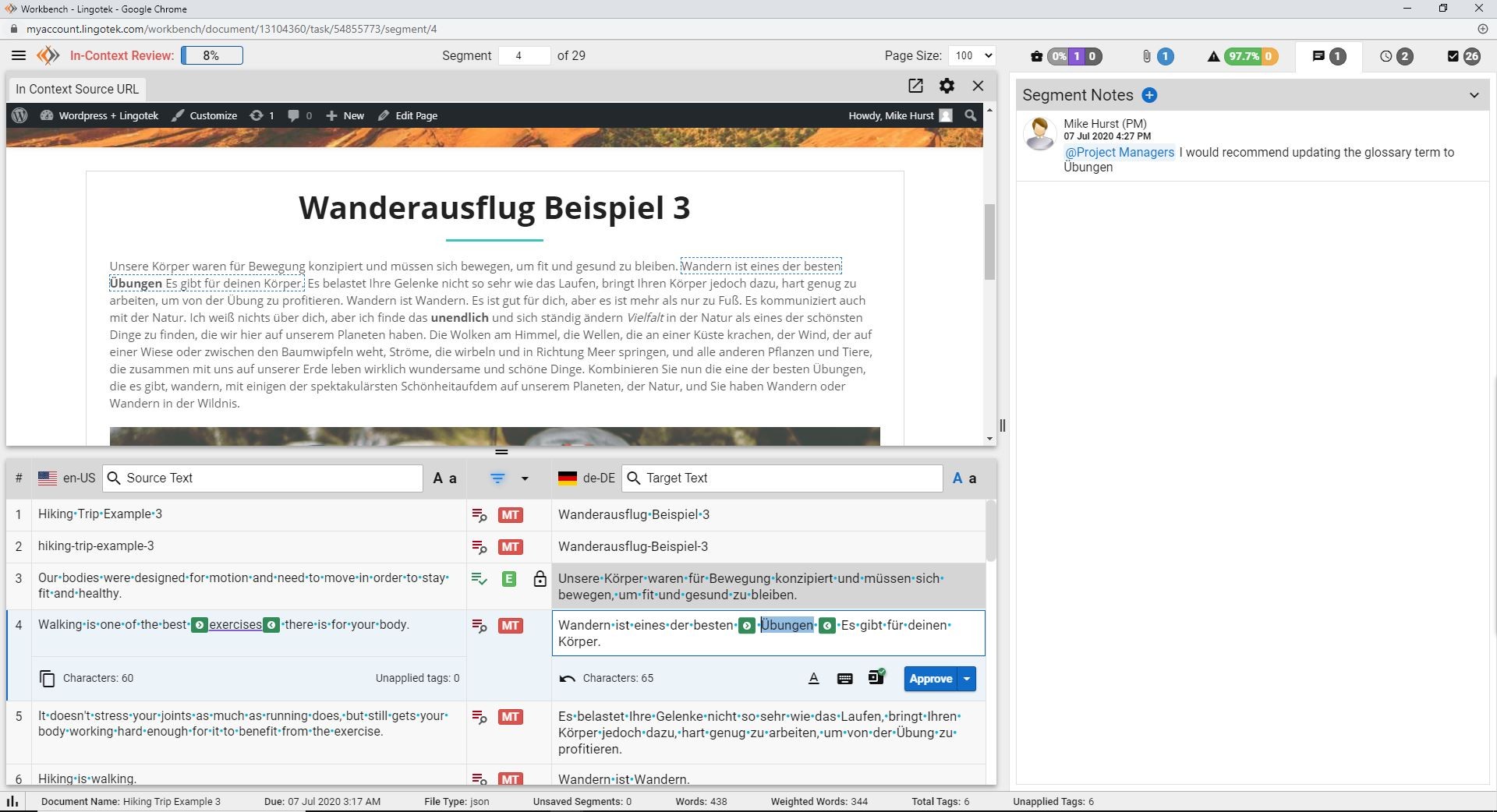 screenshot of Lingotek's in-context translation editor for WordPress