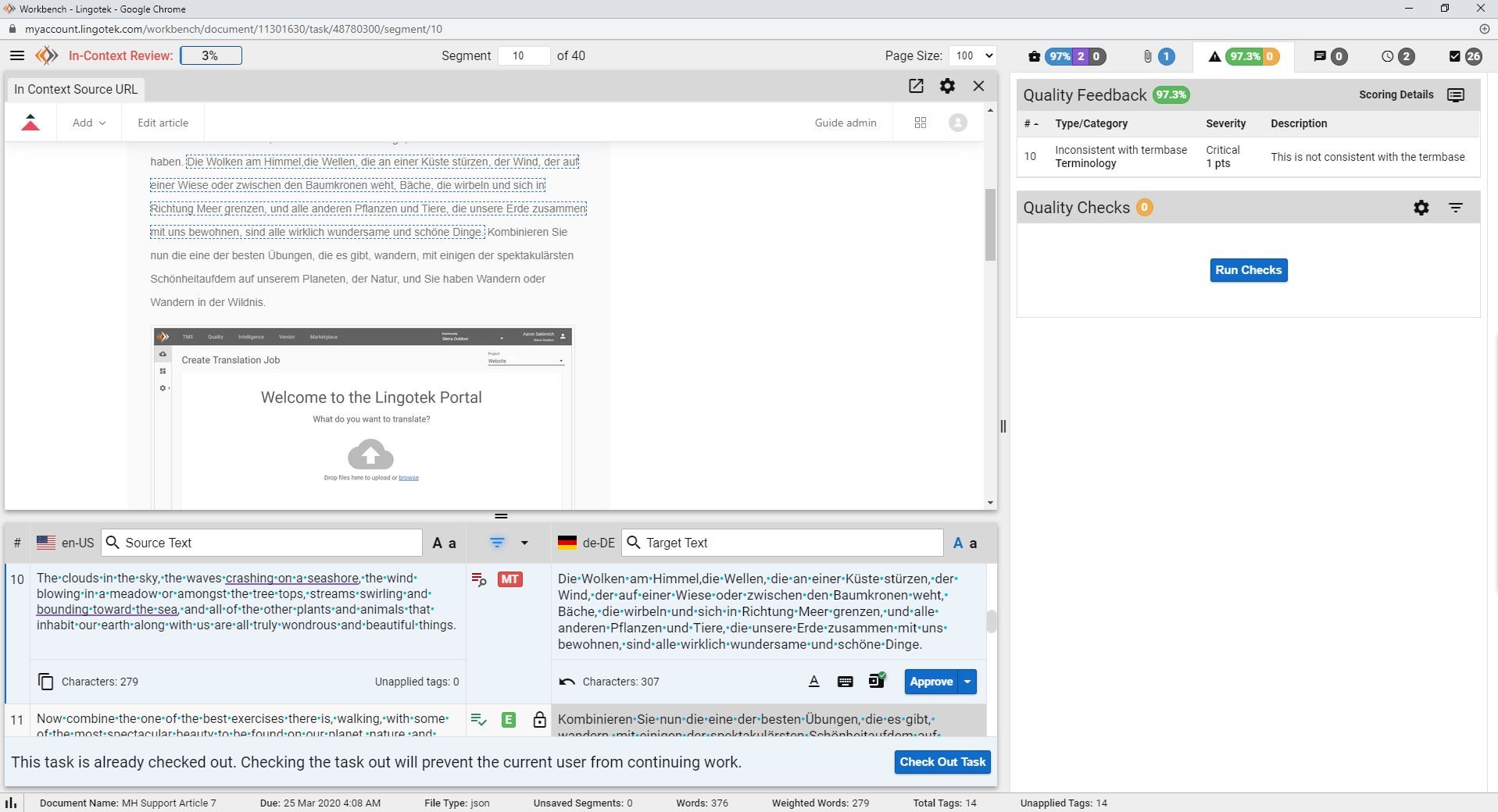 screenshot of Lingotek's in-context translation editor for ZenDesk