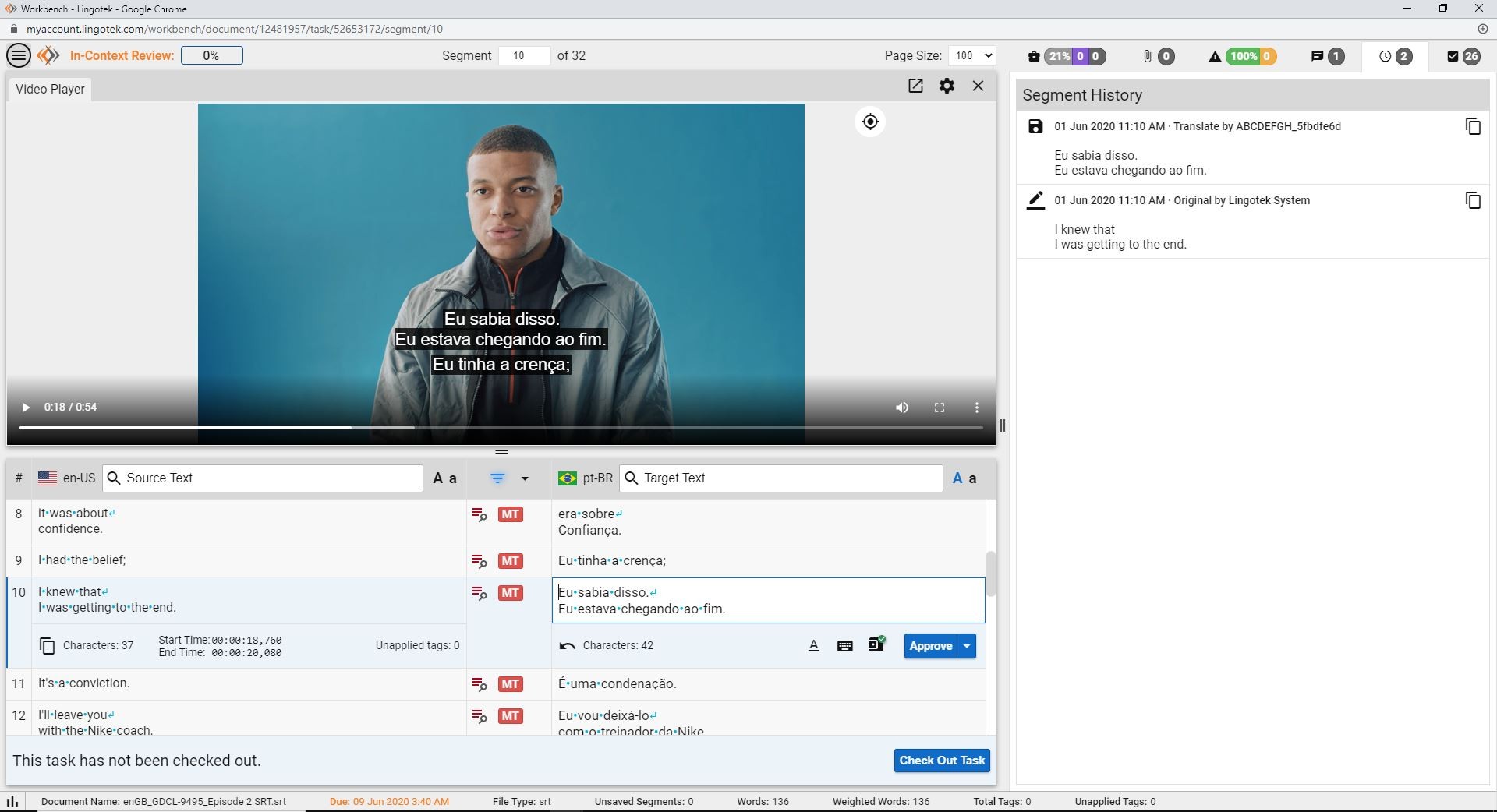 screenshot of Lingotek's in-context translation editor for video captioning