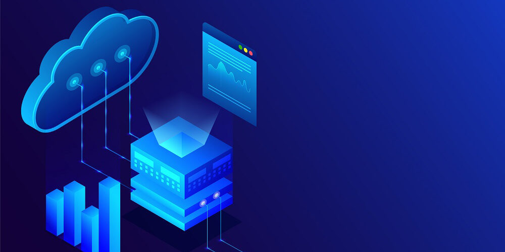 Garter infrastructure trends. Data center concept based isometric design, illustration of main server connected with cloud server on glossy blue background.