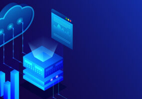 Garter infrastructure trends. Data center concept based isometric design, illustration of main server connected with cloud server on glossy blue background.