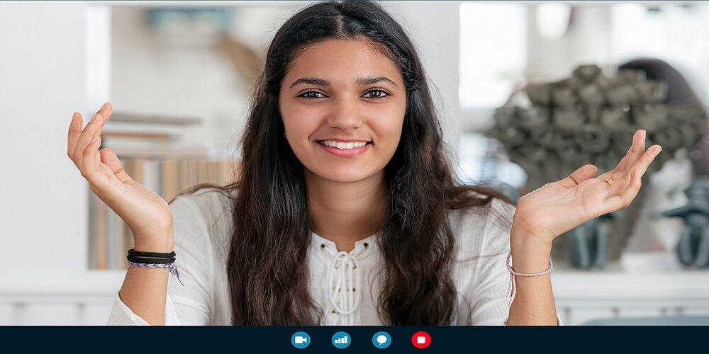 Person with a home studio setup on video call.