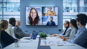 Video Conference Call in Office Boardroom Meeting Room: Executive Directors Talk with Group of Multi-Ethnic Entrepreneurs, Managers, Investors. Businesspeople Discuss e-Commerce Investment Strategy