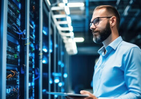 A young man with a tablet computer stands in the middle of a server room. Collection and storage of large amounts of data. Checks the operation of servers and automation