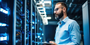 A young man with a tablet computer stands in the middle of a server room. Collection and storage of large amounts of data. Checks the operation of servers and automation