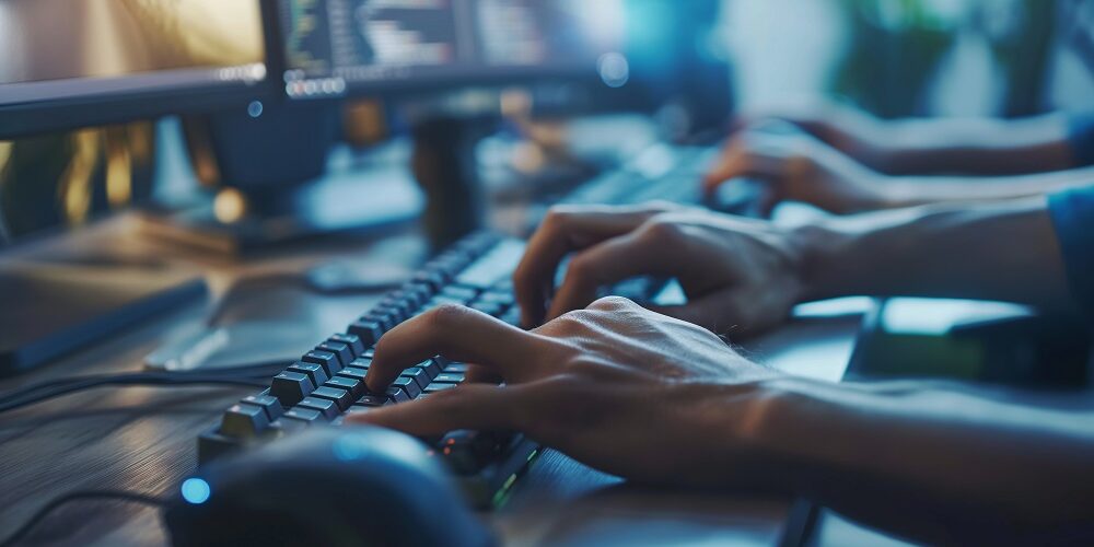 A close-up of a technician’s hands typing and navigating through troubleshooting steps on a computer in a well-lit office. , natural light, soft shadows, with copy space