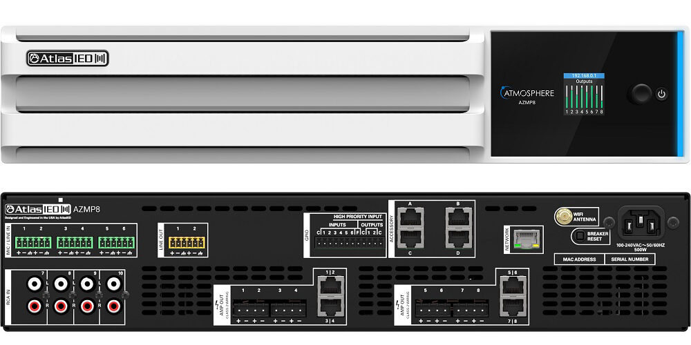 AtlasIED Atmosphere Digital Audio Control and Processing Hardware Model# AZMP8 front and rear view