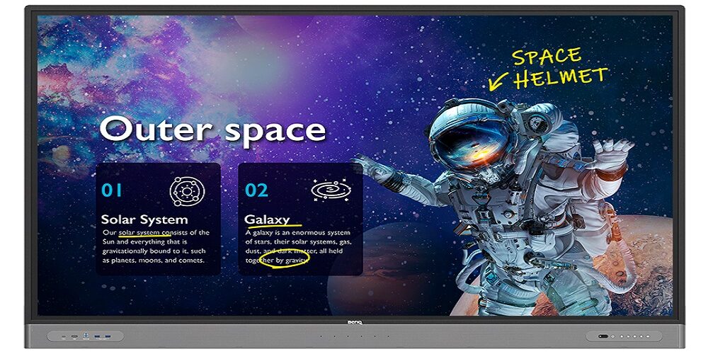 BenQ Smart Board RM03 model depicting a lesson on space with notation marks on the screen.