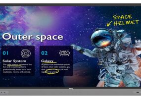 BenQ Smart Board RM03 model depicting a lesson on space with notation marks on the screen.