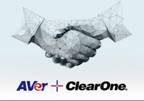 Two hands shaking to symbolize partnership with ClearOne and AVer's logos below.