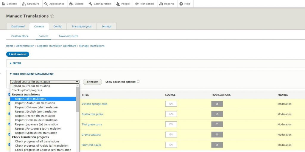bulk actions screenshot of Lingoteks Drupal connector
