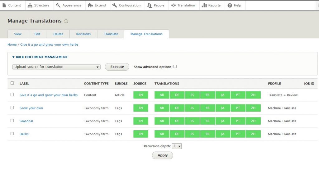 content type status screenshot of lingoteks drupal connector