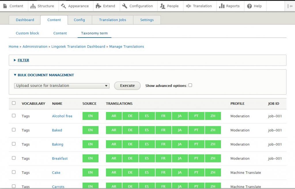 vocabulary status screenshot in Lingotecs drupal connector