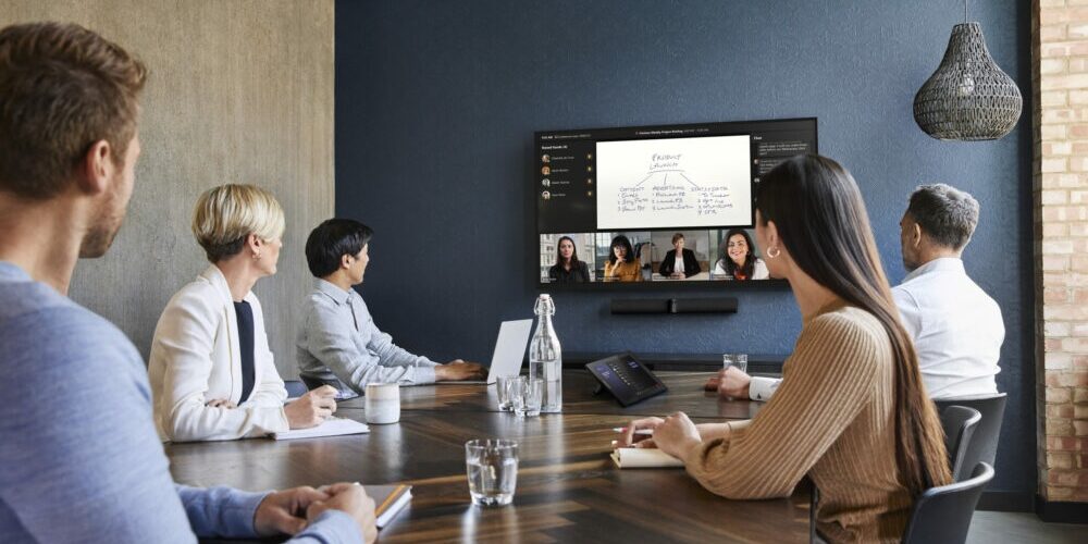 People using Jabra videobar with Microsoft Intelligent Speaker feature.