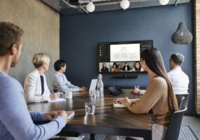 People using Jabra videobar with Microsoft Intelligent Speaker feature.