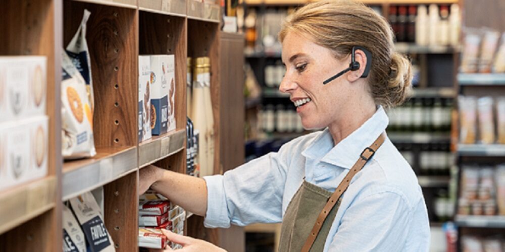 Mockup of frontline worker wearing Jabra Perform 45 headset.