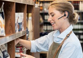 Mockup of frontline worker wearing Jabra Perform 45 headset.