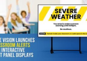 Poster for Rise Vision's new feature. The background features blurred students while the foreground features a display showing a severe weather alert.