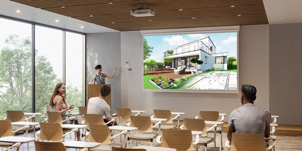 Mockup of Sony's LCD projectors in a classroom.