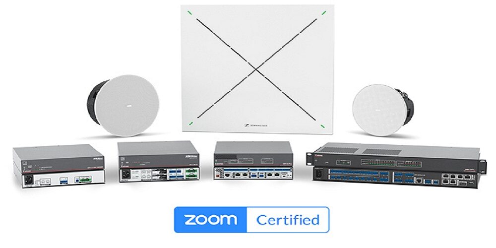 Extron products including audio processors, speakers and amplifiers with Zoom Certified logo.