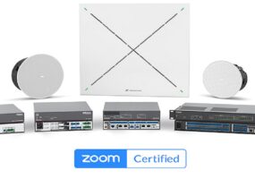 Extron products including audio processors, speakers and amplifiers with Zoom Certified logo.