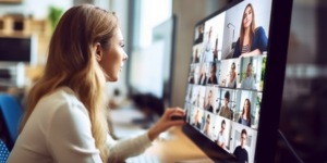 A woman on a videoconference call, AI, videoconferencing